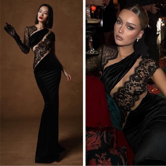 BRONX AND BANCO Cobra One Shoulder Long Sleeve Lace Asymmetric Maxi Gown Sz S - Picture 2 of 10